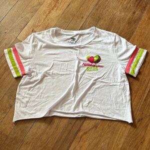 Natural Light Women's Cropped White Tee with Pink and Green Accents - M
